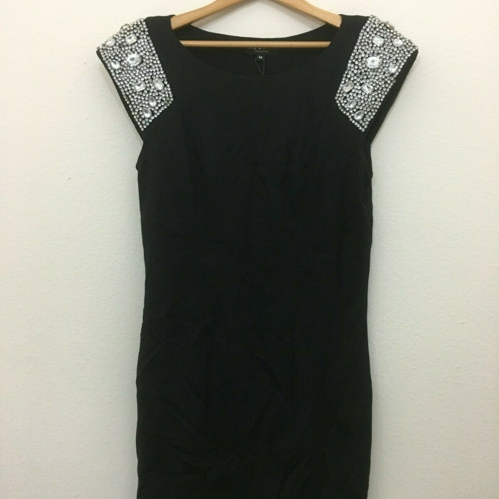 ABS Collection Black Viscose Jeweled Knee Length Cocktail Evening Dress Womens M